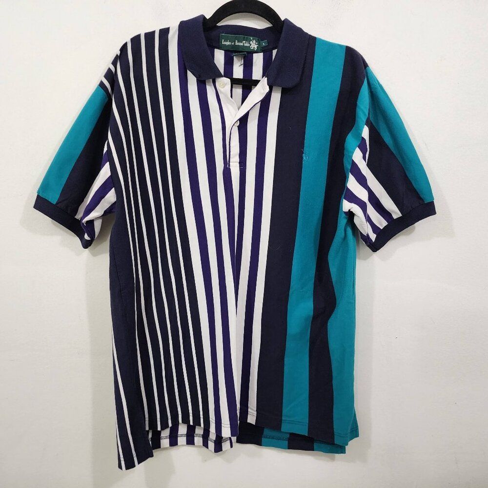 Vintage 90s Knights of Round Table Polo White Blue Teal Stripes Grandpa Mens L